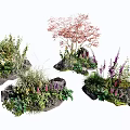 Natural Garden Flower Clusters With Red Trees Purple Blooms And Green Foliage
