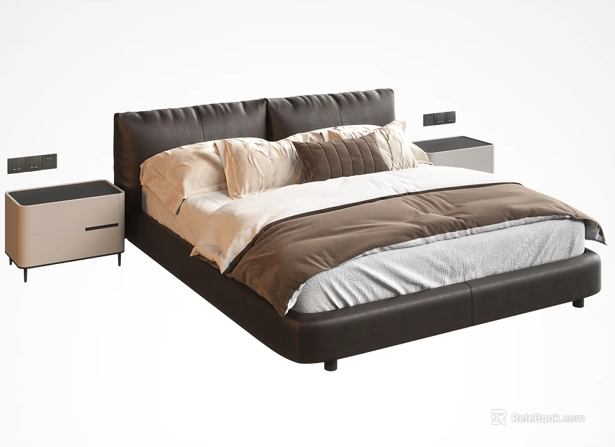 Modern Minimalist Double Bed With Dark Leather Headboard Beige Brown Bedding And Side Nightstands 3d model 