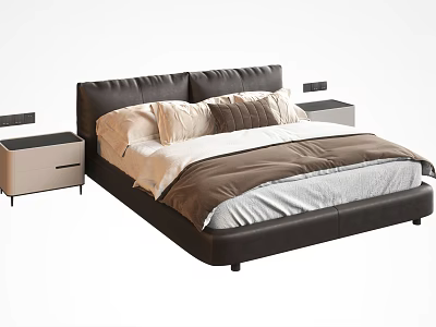 Modern Minimalist Double Bed With Dark Leather Headboard Beige Brown Bedding And Side Nightstands 3d model