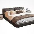 Modern Minimalist Double Bed With Dark Leather Headboard Beige Brown Bedding And Side Nightstands