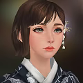 Traditional Japanese Character In Kimono With Short Hair Floral Hairpin Front Side View