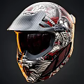 Gorjus Helmet With Intricate Red Black White Gold Designs Carbon Fiber And Tinted Visor
