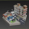 Cartoon City Street Scene With Colorful Buildings Cars Traffic Signs And Street Lamps