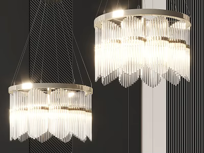 Elegant Modern Chandeliers with Hanging Crystal Tassels and Metal Frame Illuminated in Contemporary Space 3d model