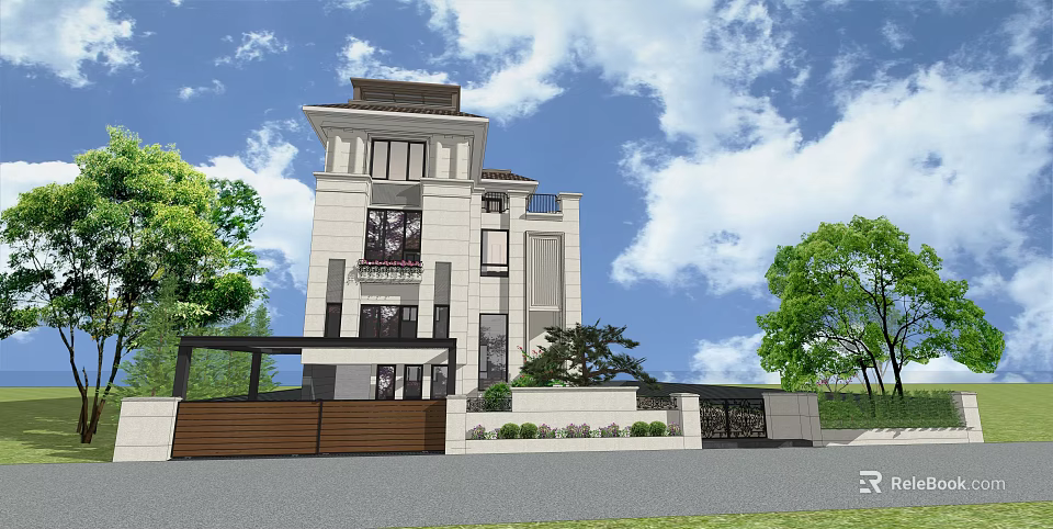 Modern Detached Villa Exterior With Large Windows Balcony Green Trees And Blue Sky 3d model 