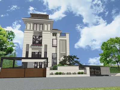 Modern Detached Villa Exterior With Large Windows Balcony Green Trees And Blue Sky 3d model