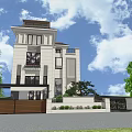 Modern Detached Villa Exterior With Large Windows Balcony Green Trees And Blue Sky