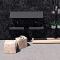 Modern Washbasin with Double Sinks Black Countertop Dark Marble Wall Wooden Stools and Potted Plants