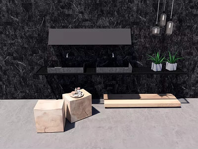 Modern Washbasin with Double Sinks Black Countertop Dark Marble Wall Wooden Stools and Potted Plants 3d model