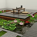 Lush Aquatic Plants With Lily Pads Lotus Flowers And Koi Fish Around Wooden Platform