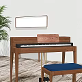Wooden Piano With Blue Stool Potted Plant And Wall Mirror In Interior Space
