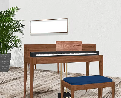 Wooden Piano With Blue Stool Potted Plant And Wall Mirror In Interior Space 3d model