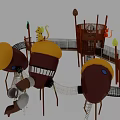 Wooden Playground Equipment With Tower Climbing Nets Slides And Circular Orange Tops