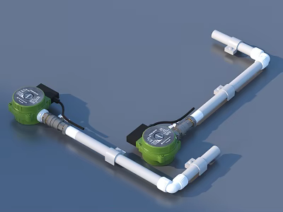 Household Water Flow Meters With White Pipes And Green Measurement Devices 3d model