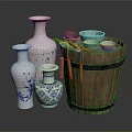 Traditional Household Items Including Blue And White Porcelain Vases Wooden Barrel And Small Bowls