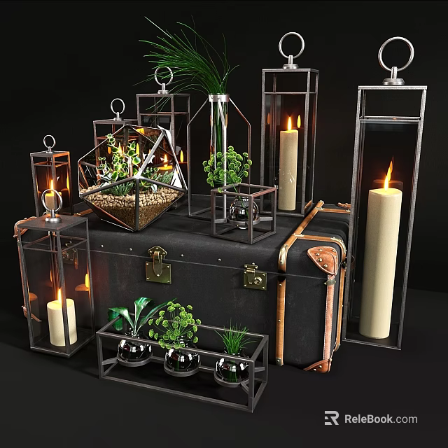 Stylish Decorative Ornament Set with Metal Lanterns Candles and Small Plants on Vintage Trunk 3d model 