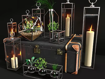 Stylish Decorative Ornament Set with Metal Lanterns Candles and Small Plants on Vintage Trunk 3d model