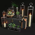 Stylish Decorative Ornament Set with Metal Lanterns Candles and Small Plants on Vintage Trunk
