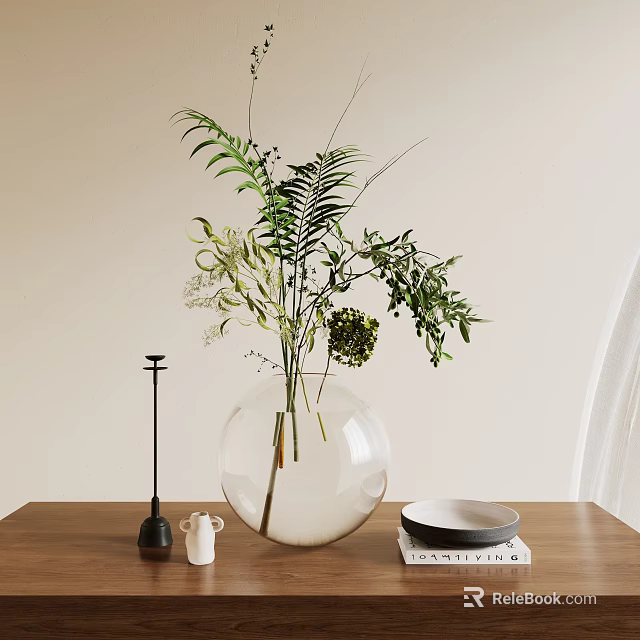 Decorative Ornament Combination with Transparent Vase Green Plants Black Accent White Cup on Wooden Tabletop 3d model 