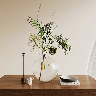 Decorative Ornament Combination with Transparent Vase Green Plants Black Accent White Cup on Wooden Tabletop 3d model