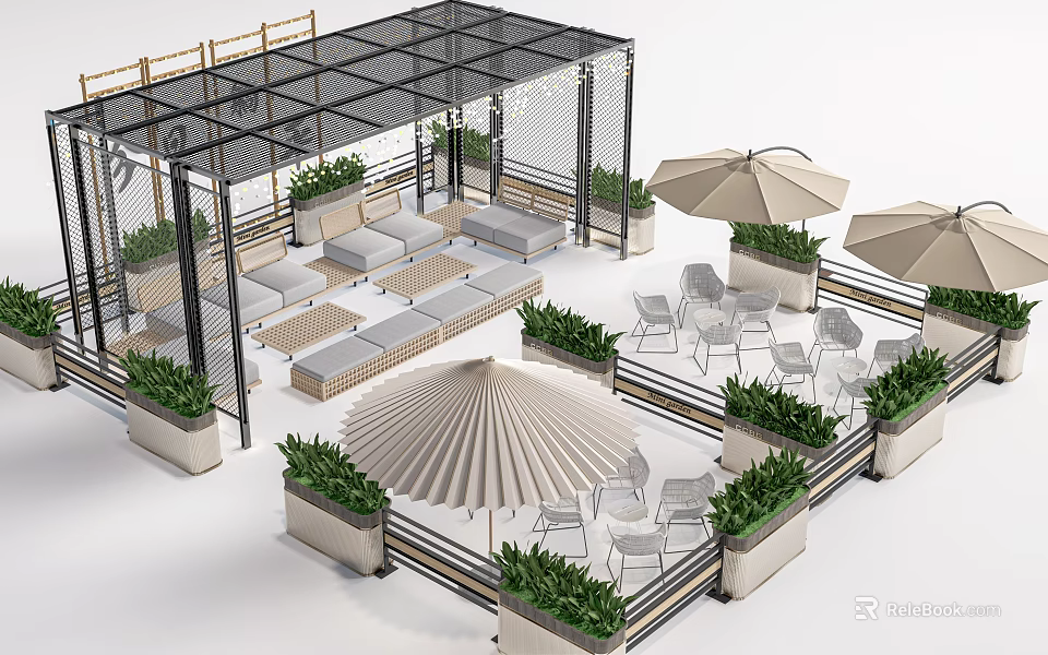 Outdoor Patio Chairs With Comfortable Design Garden Umbrellas And Green Plants 3d model 