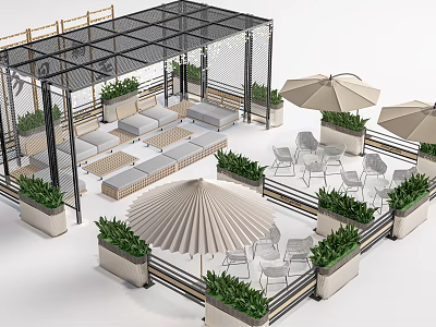 Outdoor Patio Chairs With Comfortable Design Garden Umbrellas And Green Plants 3d model