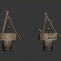 Traditional Woven Well Structures With Wooden Tripod Frame Rope Bucket And Stone Base