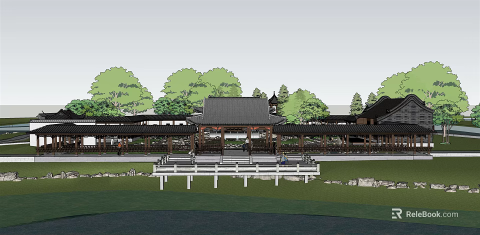 Traditional Garden Landscape With Wooden Pavilion Trees Water And Stone Path Features 3d model 