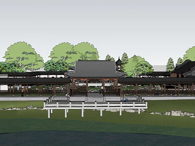 Traditional Garden Landscape With Wooden Pavilion Trees Water And Stone Path Features 3d model