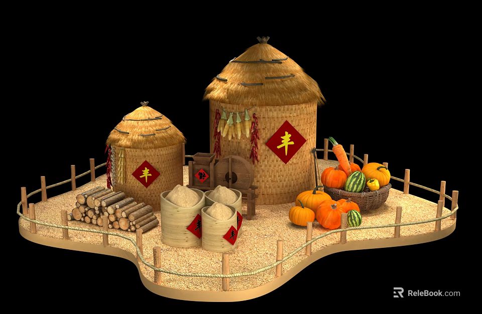 Traditional Harvest Scene With Straw Roof Barns Grain Bags Pumpkins Watermelon And Wooden Fence 3d model 