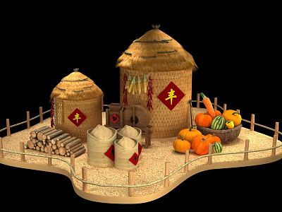 Traditional Harvest Scene With Straw Roof Barns Grain Bags Pumpkins Watermelon And Wooden Fence 3d model