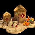 Traditional Harvest Scene With Straw Roof Barns Grain Bags Pumpkins Watermelon And Wooden Fence