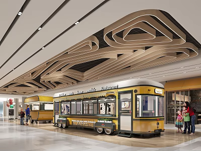 Indoor Commercial Street With Vintage Yellow Tram Pedestrians And Unique Geometric Ceiling Design 3d model