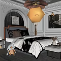 Elegant Bedroom Interior With Striped Bedding Pillows Decorative Gray Walls Framed Painting Chandelier Stuffed Toys