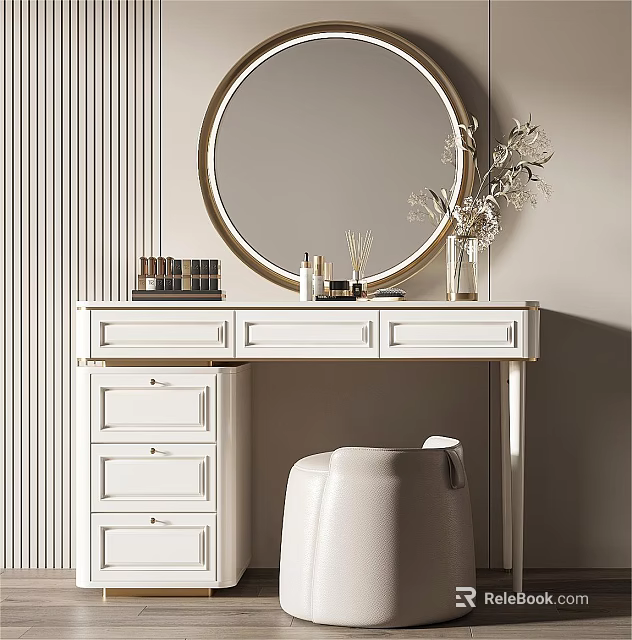 Elegant White Dressing Table With Round Mirror Drawers And Decorative Items 3d model 