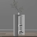 White Modern Side Table with Open Shelves Decorative Vase and Greenery Against Beige Wall