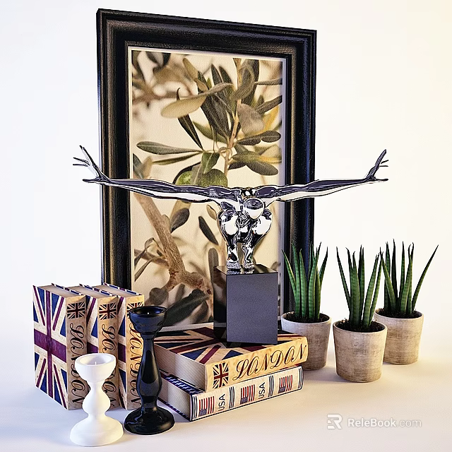 Decorative Ornament Set With Silver Human Figure Sculpture Vintage Books And Succulent Plants 3d model 