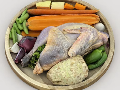 Raw Chicken And Fresh Vegetables On Wooden Tray With Butter Cubes 3d model