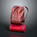 Red Leather Backpack Placed On Red Rolled Mat For Daily Use