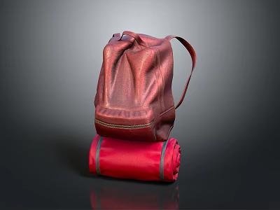 Red Leather Backpack Placed On Red Rolled Mat For Daily Use 3d model Red Leather Backpack Placed On Red Rolled Mat For Daily Use 3d model