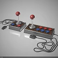 Retro Game Controllers with Red Joysticks Wooden Base and Colored Buttons 3d model
