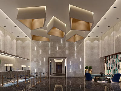 Elegant Front Desk Reception Lobby With Geometric Pendant Lights And Marble Walls 3d model