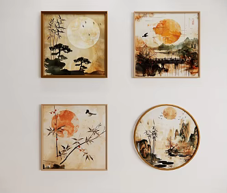 Middle and Ancient Style Restaurant Sofa Back Wall Decorative Painting Retro Song Dynasty Aesthetic Hanging Painting Tea Room Office Wall Painting 3d model