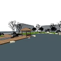 Scenic Park Landscape Featuring Wooden Bridge Pavilion Trees Grass And Water Area