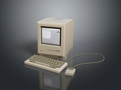 Vintage Desktop Computer With Monitor Keyboard And Wired Mouse On Dark Surface 3d model