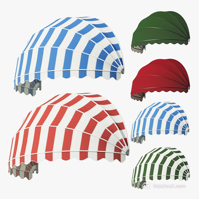 Semicircular Striped Awnings in Colorful Patterns Including Blue White Red and Green 3d model 
