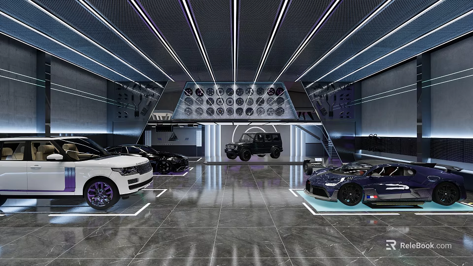 Modern Car Dealership Showroom Interior with Displayed Cars Sleek Lighting and Polished Floor 3d model 