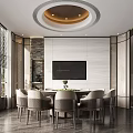 Modern Restaurant Interior With Round Table Chairs TV Windows Blinds Stone Wall And Ceiling Light
