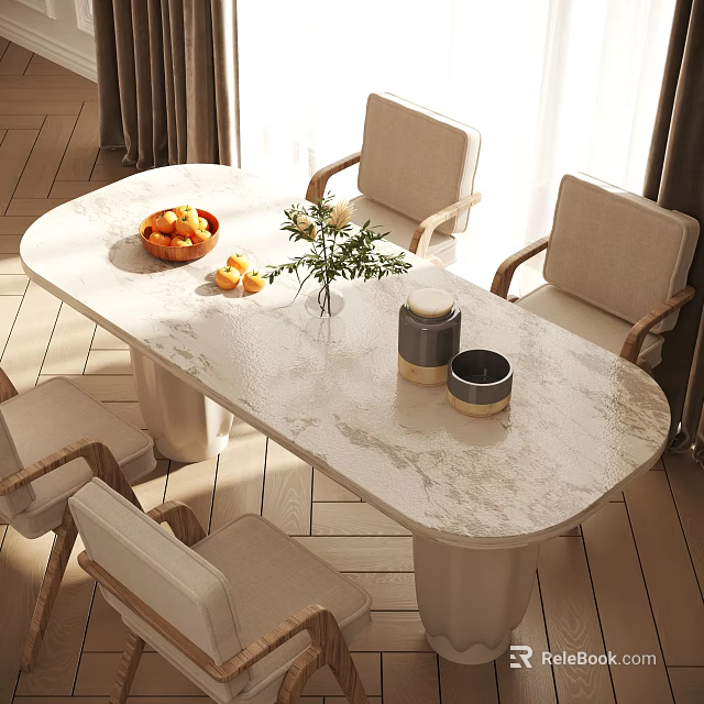 Modern Oval Dining Table Set With Marble Tabletop Beige Chairs Fruit Bowl And Flower Vase 3d model 