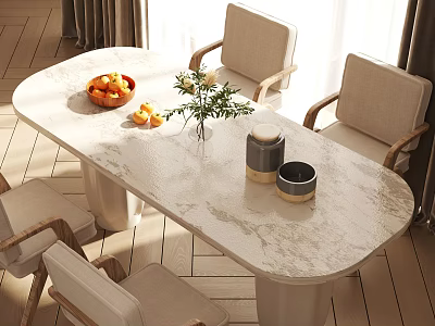 Modern Oval Dining Table Set With Marble Tabletop Beige Chairs Fruit Bowl And Flower Vase 3d model